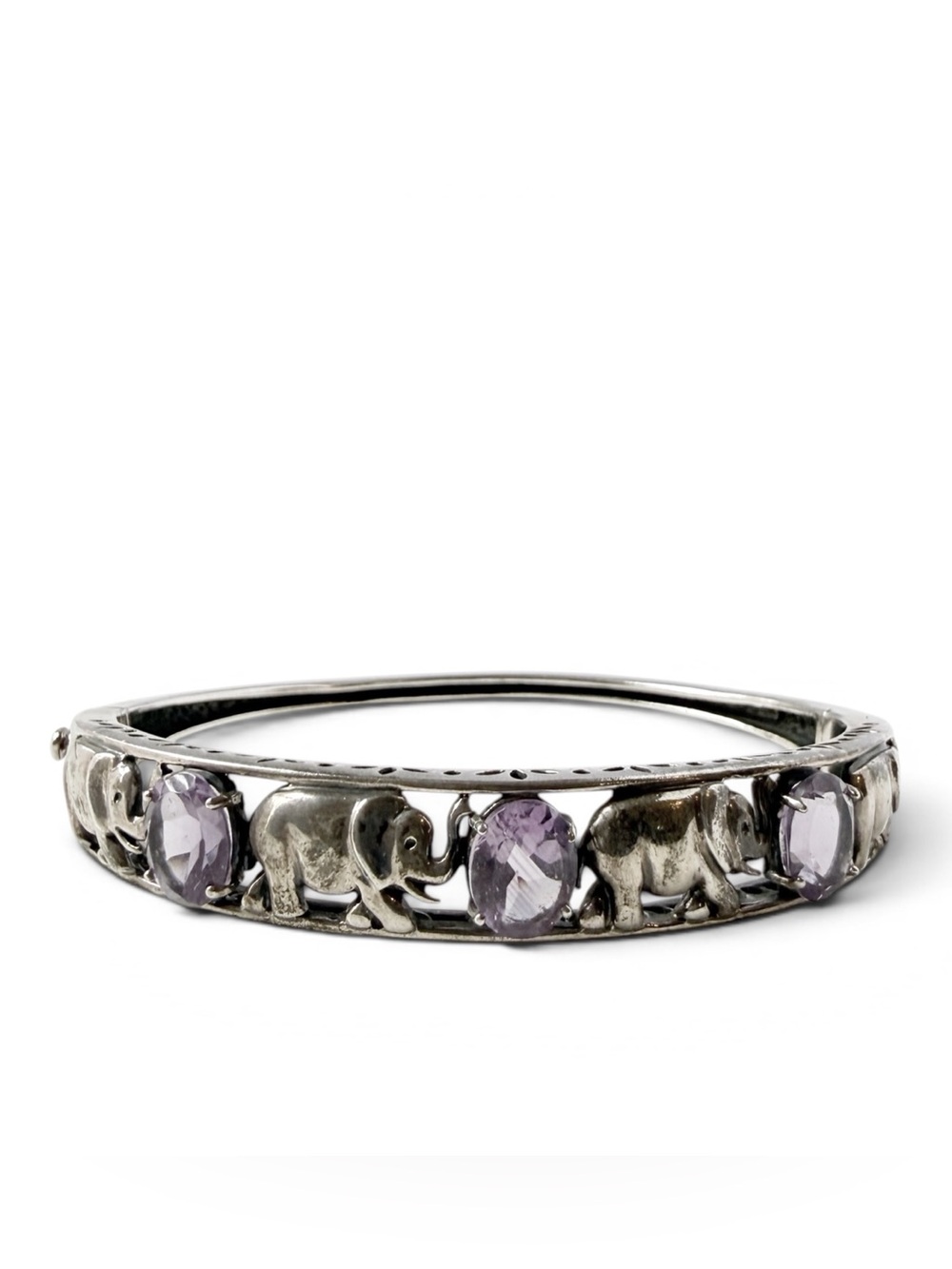 Lenox Sterling Silver Purple Amethyst Elephant Hinged Bangle Bracelet